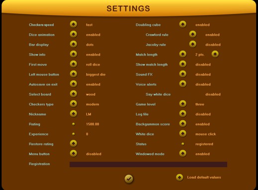 Backgammon Classic - Settings page